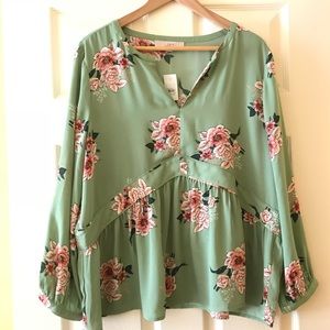 LOFT Green Floral Peplum Blouse